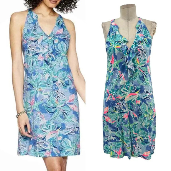 Lilly Pulitzer Shay Dress‎ Bennett Blue Celestial Seas Starfish Print Size Small - Picture 1 of 13